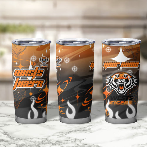 Personalized Wests Tigers Tumbler Cup Y2K Grunge Aesthetic With Cyber Flames and Starburst Graphics
