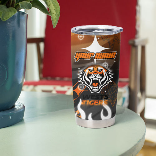 Personalized Wests Tigers Tumbler Cup Y2K Grunge Aesthetic With Cyber Flames and Starburst Graphics