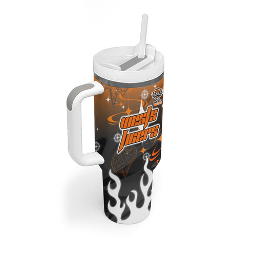 Personalized Wests Tigers Tumbler With Handle Y2K Grunge Aesthetic With Cyber Flames and Starburst Graphics