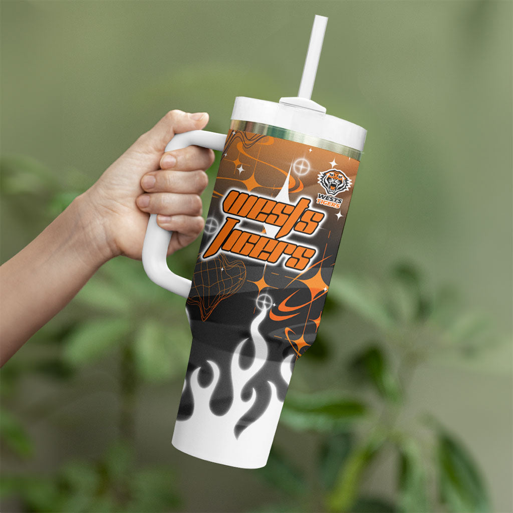 Personalized Wests Tigers Tumbler With Handle Y2K Grunge Aesthetic With Cyber Flames and Starburst Graphics
