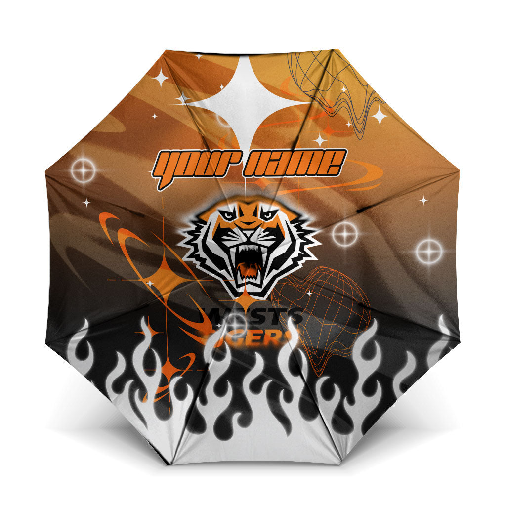 Personalized Wests Tigers Umbrella Y2K Grunge Aesthetic With Cyber Flames and Starburst Graphics