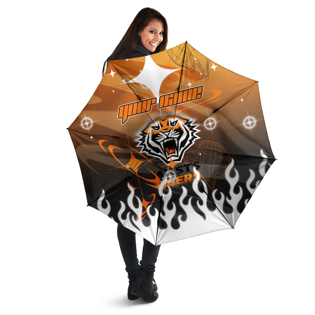 Personalized Wests Tigers Umbrella Y2K Grunge Aesthetic With Cyber Flames and Starburst Graphics