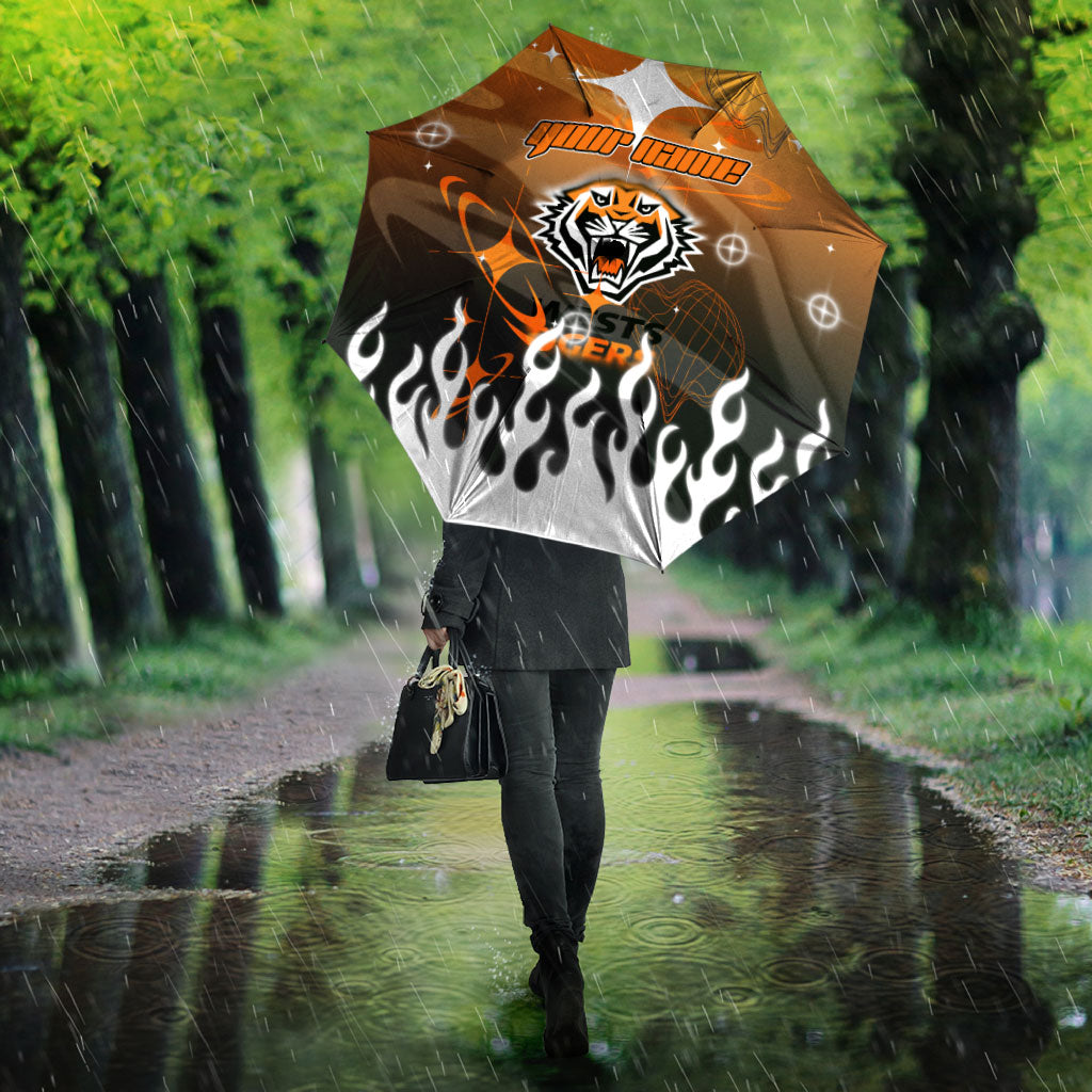 Personalized Wests Tigers Umbrella Y2K Grunge Aesthetic With Cyber Flames and Starburst Graphics