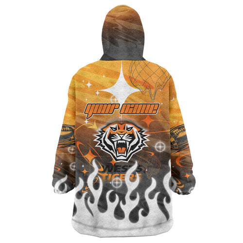 Personalized Wests Tigers Wearable Blanket Hoodie Y2K Grunge Aesthetic With Cyber Flames and Starburst Graphics