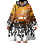 Personalized Wests Tigers Wearable Blanket Hoodie Y2K Grunge Aesthetic With Cyber Flames and Starburst Graphics