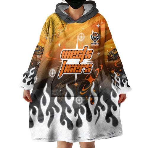 Personalized Wests Tigers Wearable Blanket Hoodie Y2K Grunge Aesthetic With Cyber Flames and Starburst Graphics