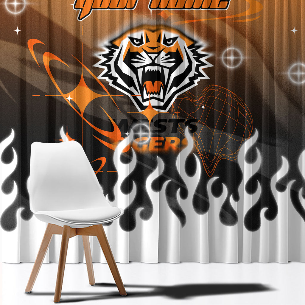 Personalized Wests Tigers Window Curtain Y2K Grunge Aesthetic With Cyber Flames and Starburst Graphics