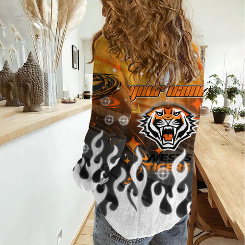 Personalized Wests Tigers Women Casual Shirt Y2K Grunge Aesthetic With Cyber Flames and Starburst Graphics