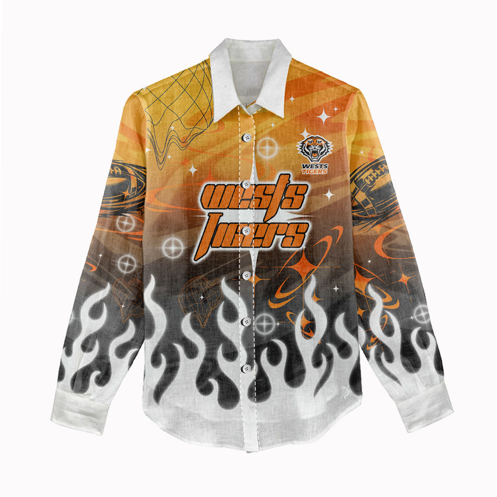 Personalized Wests Tigers Women Casual Shirt Y2K Grunge Aesthetic With Cyber Flames and Starburst Graphics