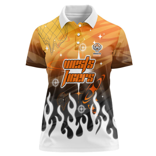 Personalized Wests Tigers Women Polo Shirt Y2K Grunge Aesthetic With Cyber Flames and Starburst Graphics