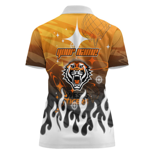 Personalized Wests Tigers Women Polo Shirt Y2K Grunge Aesthetic With Cyber Flames and Starburst Graphics