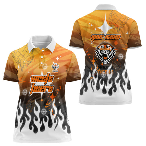Personalized Wests Tigers Women Polo Shirt Y2K Grunge Aesthetic With Cyber Flames and Starburst Graphics