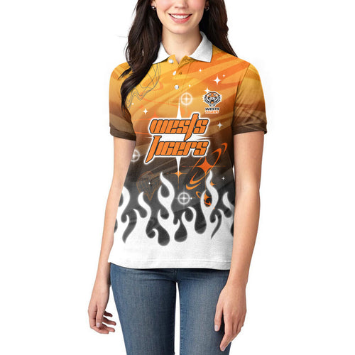 Personalized Wests Tigers Women Polo Shirt Y2K Grunge Aesthetic With Cyber Flames and Starburst Graphics