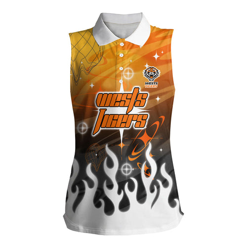 Personalized Wests Tigers Women Sleeveless Polo Shirt Y2K Grunge Aesthetic With Cyber Flames and Starburst Graphics