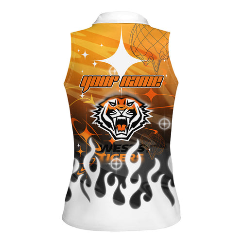 Personalized Wests Tigers Women Sleeveless Polo Shirt Y2K Grunge Aesthetic With Cyber Flames and Starburst Graphics