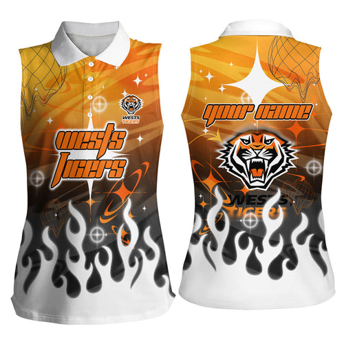 Personalized Wests Tigers Women Sleeveless Polo Shirt Y2K Grunge Aesthetic With Cyber Flames and Starburst Graphics