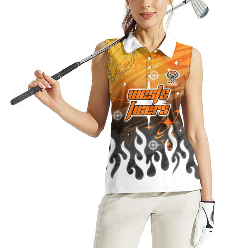 Personalized Wests Tigers Women Sleeveless Polo Shirt Y2K Grunge Aesthetic With Cyber Flames and Starburst Graphics