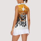 Personalized Wests Tigers Women Sleeveless Polo Shirt Y2K Grunge Aesthetic With Cyber Flames and Starburst Graphics