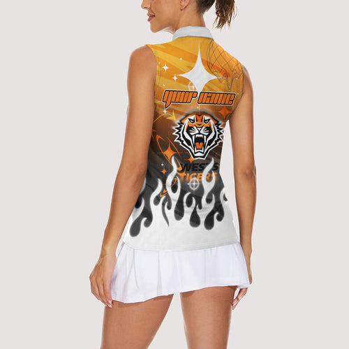 Personalized Wests Tigers Women Sleeveless Polo Shirt Y2K Grunge Aesthetic With Cyber Flames and Starburst Graphics