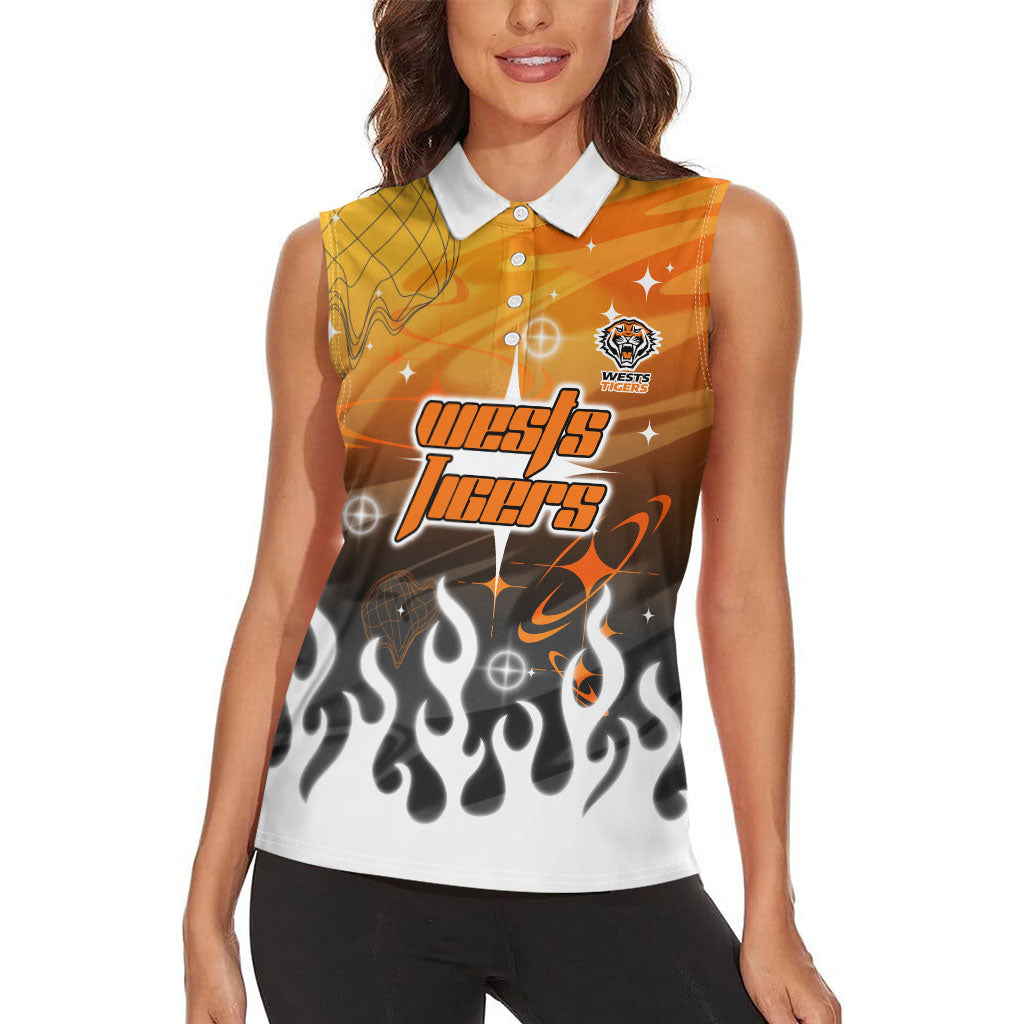 Personalized Wests Tigers Women Sleeveless Polo Shirt Y2K Grunge Aesthetic With Cyber Flames and Starburst Graphics