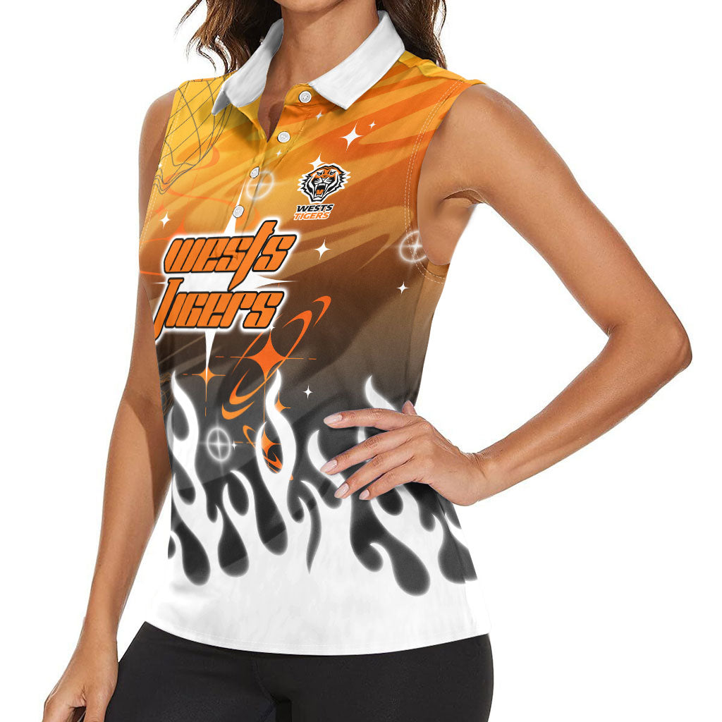 Personalized Wests Tigers Women Sleeveless Polo Shirt Y2K Grunge Aesthetic With Cyber Flames and Starburst Graphics