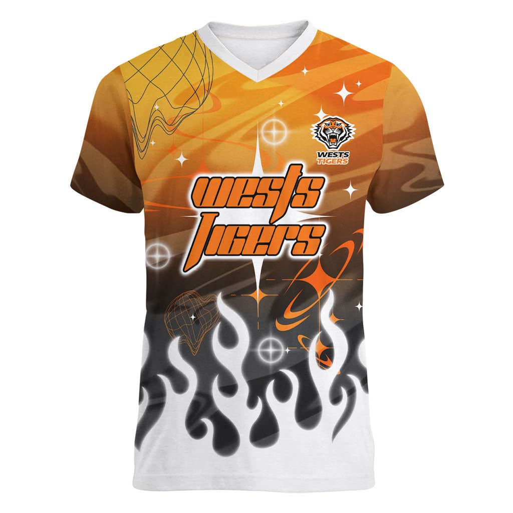 Personalized Wests Tigers Women V-Neck T-Shirt Y2K Grunge Aesthetic With Cyber Flames and Starburst Graphics