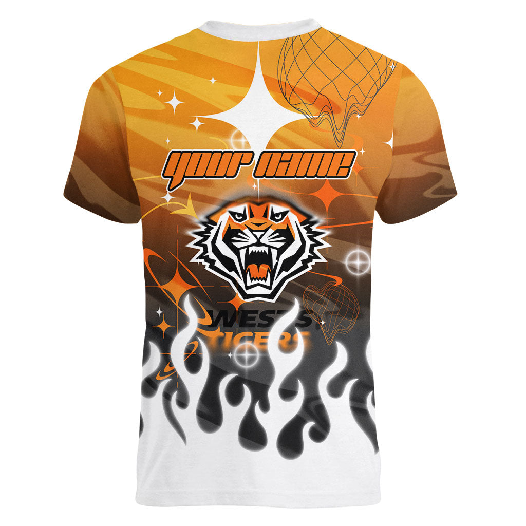 Personalized Wests Tigers Women V-Neck T-Shirt Y2K Grunge Aesthetic With Cyber Flames and Starburst Graphics
