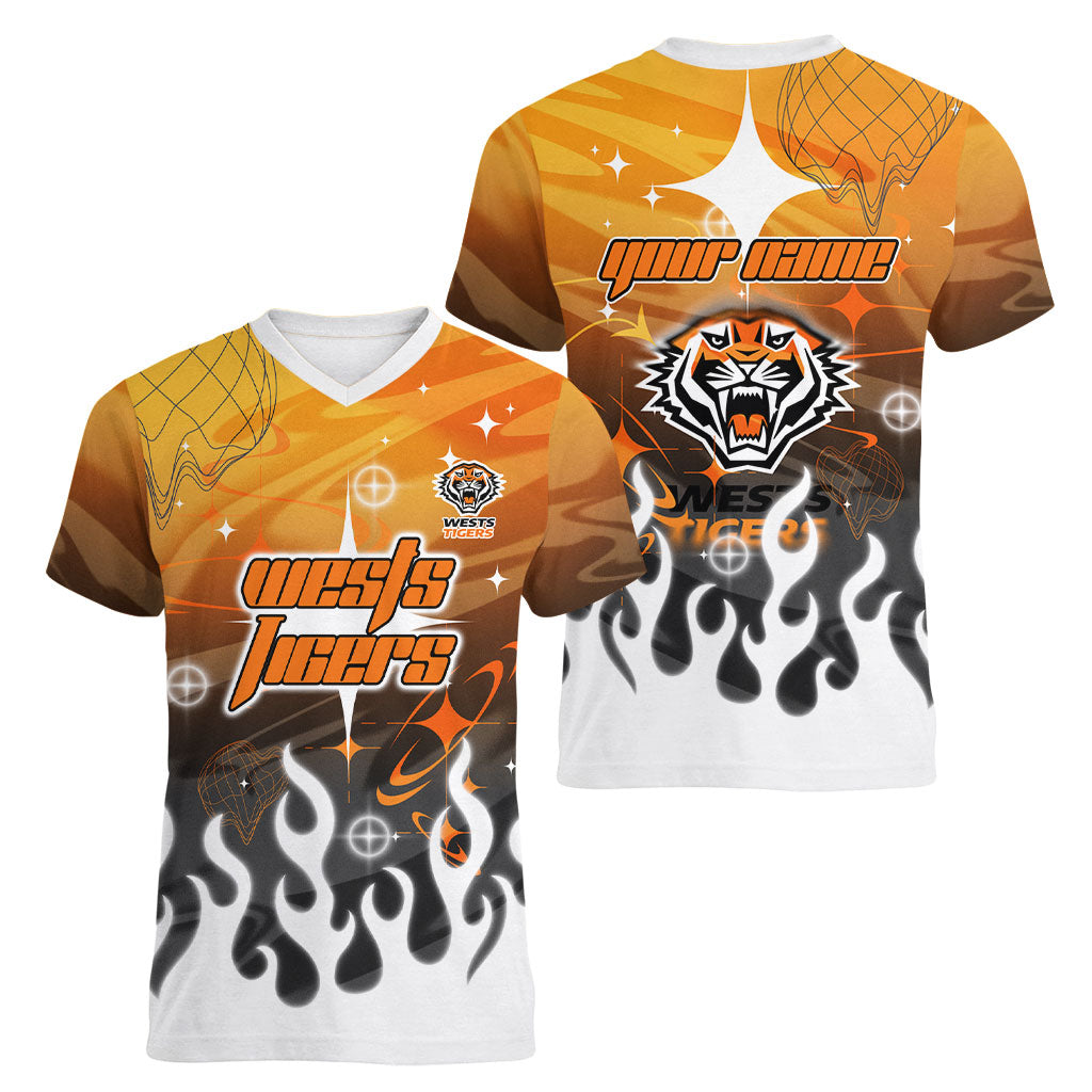 Personalized Wests Tigers Women V-Neck T-Shirt Y2K Grunge Aesthetic With Cyber Flames and Starburst Graphics