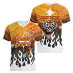 Personalized Wests Tigers Women V-Neck T-Shirt Y2K Grunge Aesthetic With Cyber Flames and Starburst Graphics