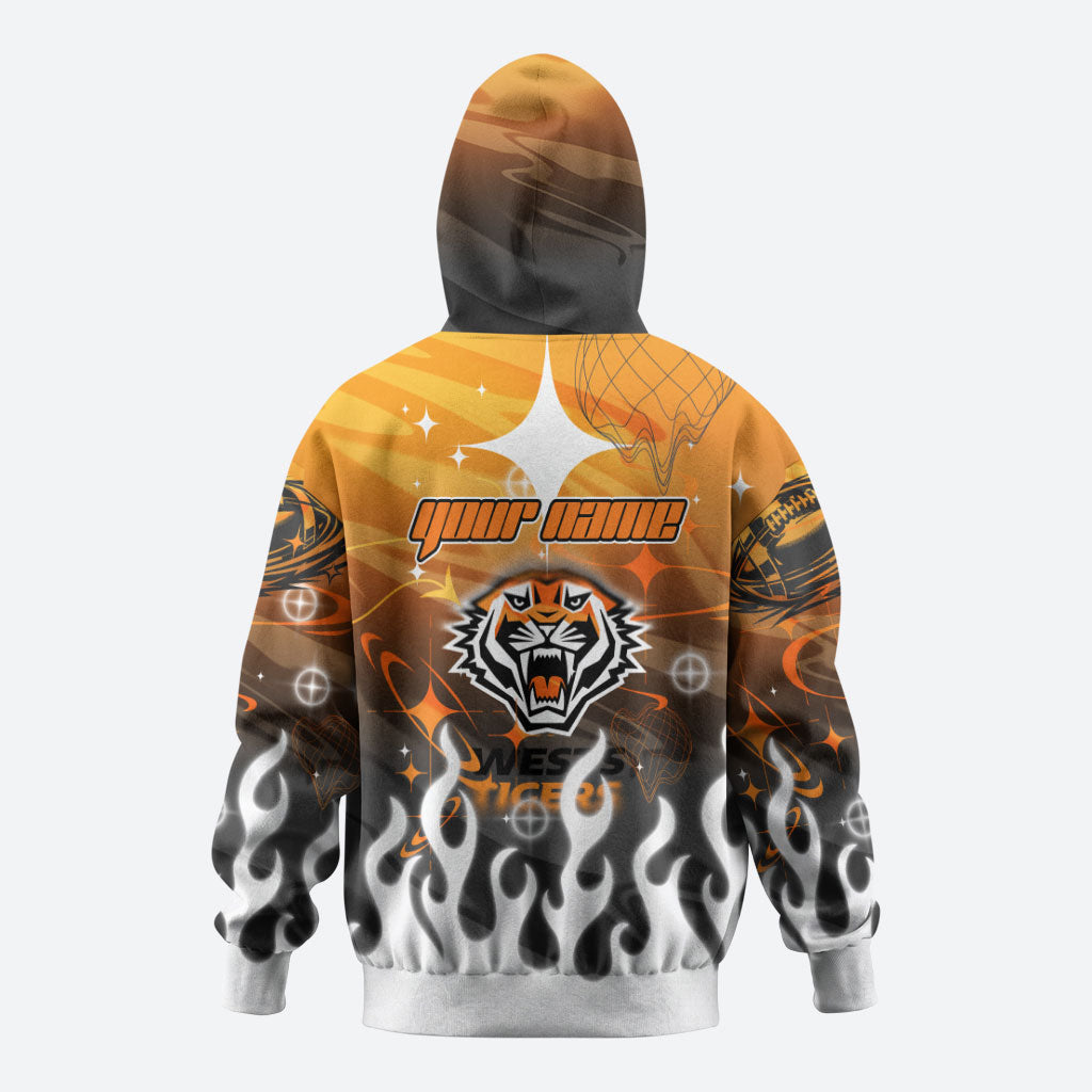 Personalized Wests Tigers Zip Hoodie Y2K Grunge Aesthetic With Cyber Flames and Starburst Graphics