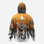 Personalized Wests Tigers Zip Hoodie Y2K Grunge Aesthetic With Cyber Flames and Starburst Graphics