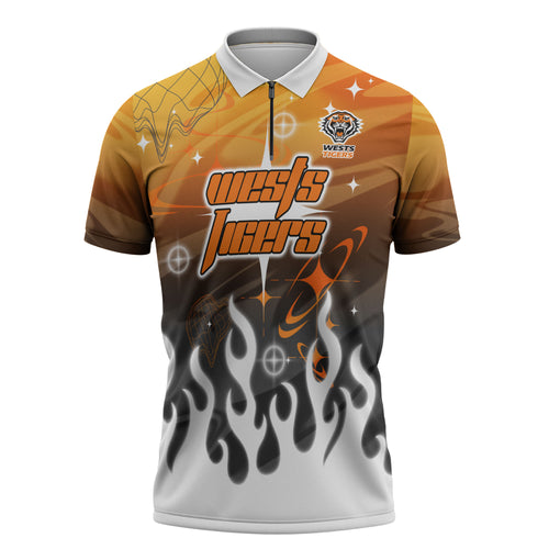 Personalized Wests Tigers Zipper Polo Shirt Y2K Grunge Aesthetic With Cyber Flames and Starburst Graphics