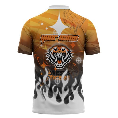 Personalized Wests Tigers Zipper Polo Shirt Y2K Grunge Aesthetic With Cyber Flames and Starburst Graphics