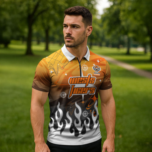 Personalized Wests Tigers Zipper Polo Shirt Y2K Grunge Aesthetic With Cyber Flames and Starburst Graphics