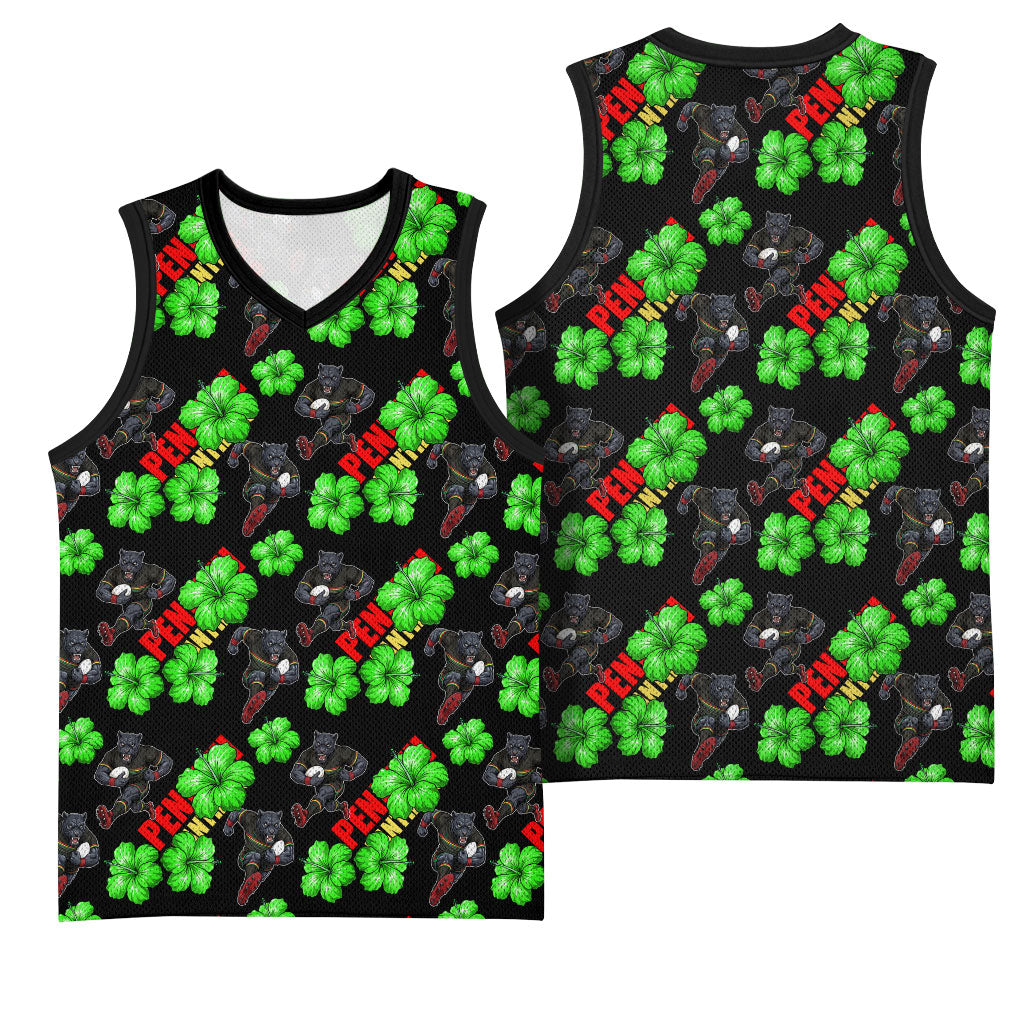 Penrith Panthers Basketball Jersey Tropical Hibiscus Floral Seamless Rugby Mascot