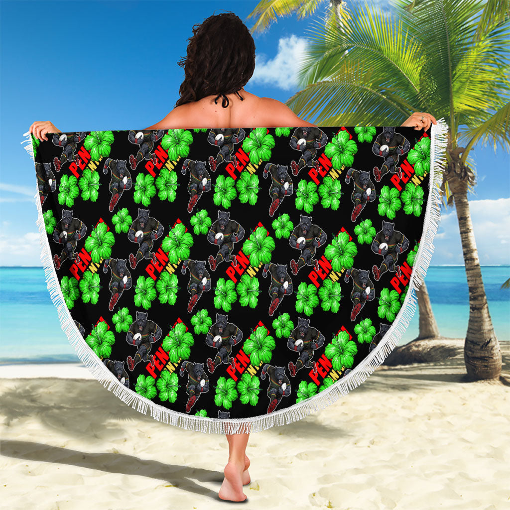 Penrith Panthers Beach Blanket Tropical Hibiscus Floral Seamless Rugby Mascot