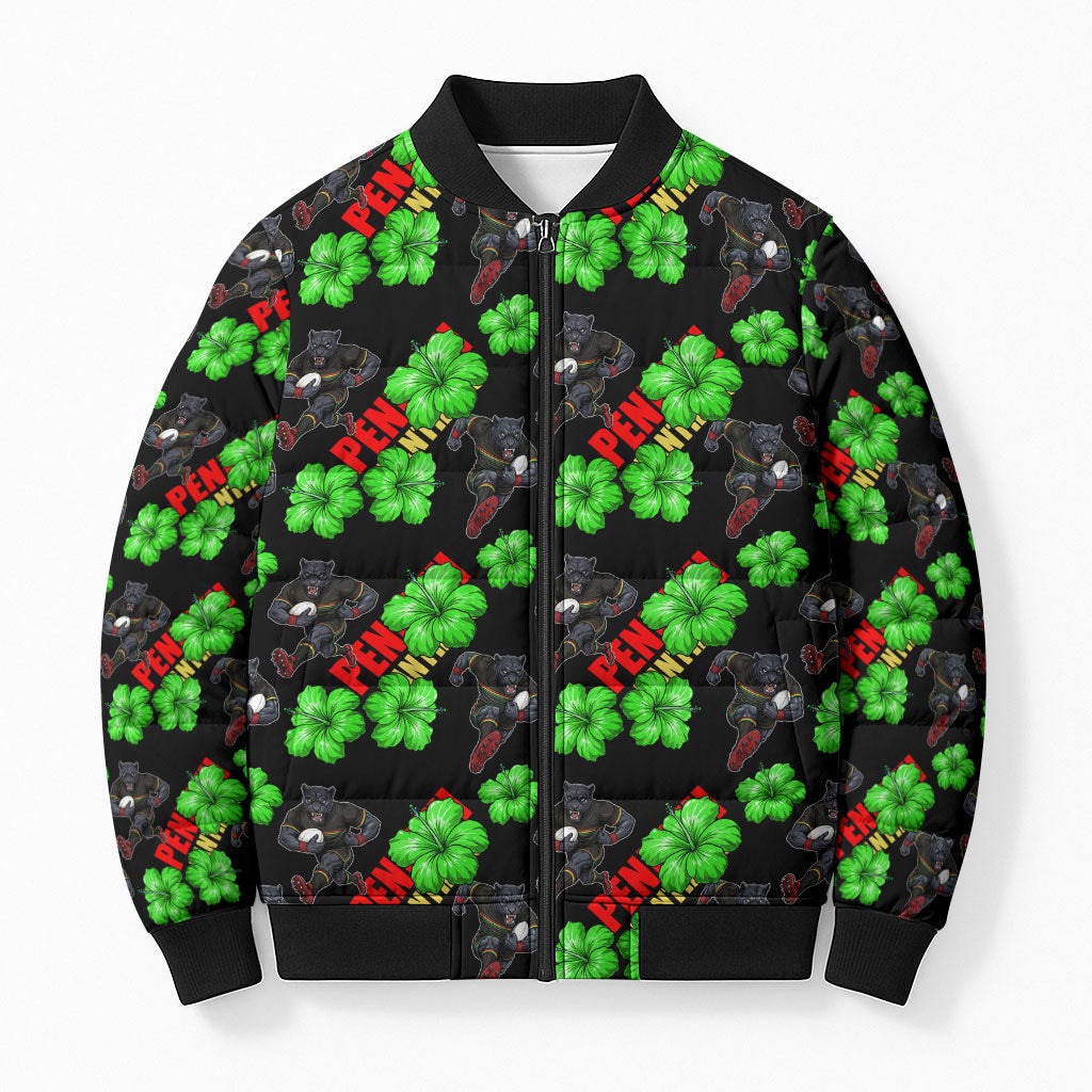 Penrith Panthers Bomber Puffer Jacket Tropical Hibiscus Floral Seamless Rugby Mascot