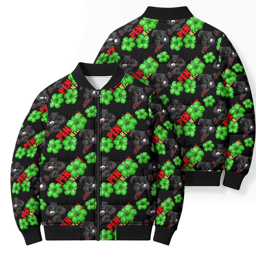 Penrith Panthers Bomber Puffer Jacket Tropical Hibiscus Floral Seamless Rugby Mascot