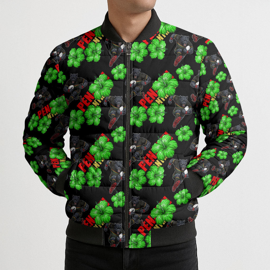 Penrith Panthers Bomber Puffer Jacket Tropical Hibiscus Floral Seamless Rugby Mascot