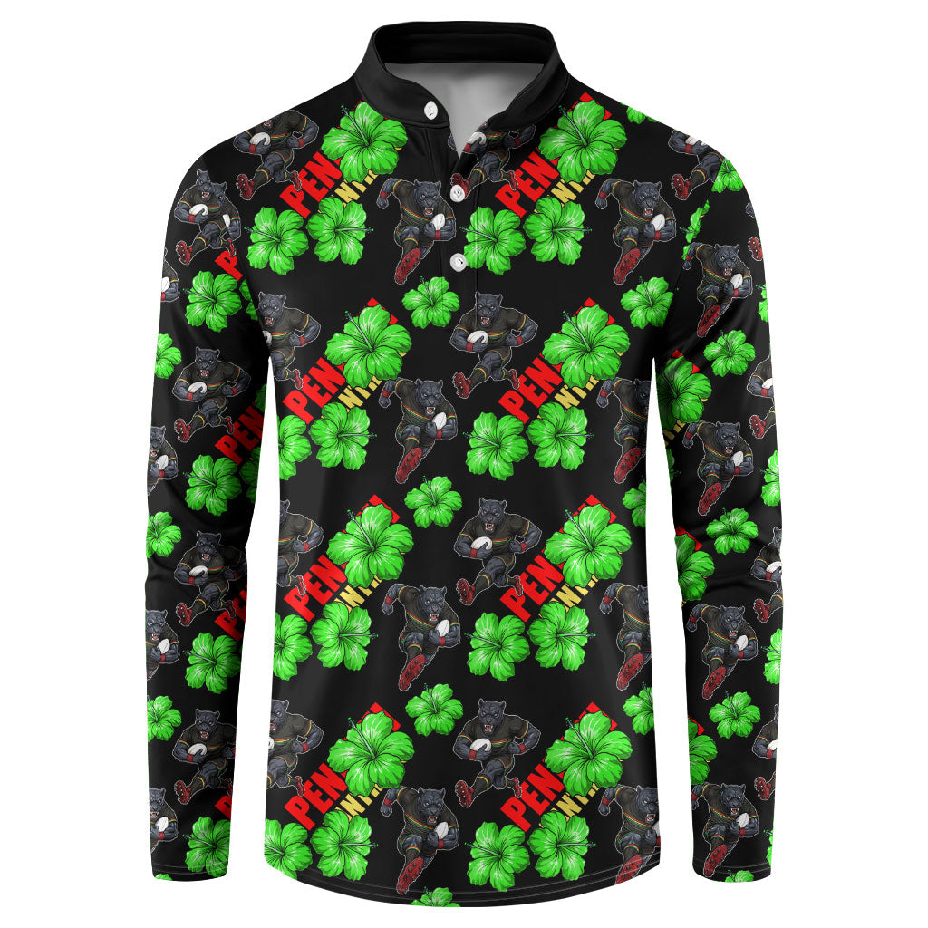 Penrith Panthers Button Sweatshirt Tropical Hibiscus Floral Seamless Rugby Mascot