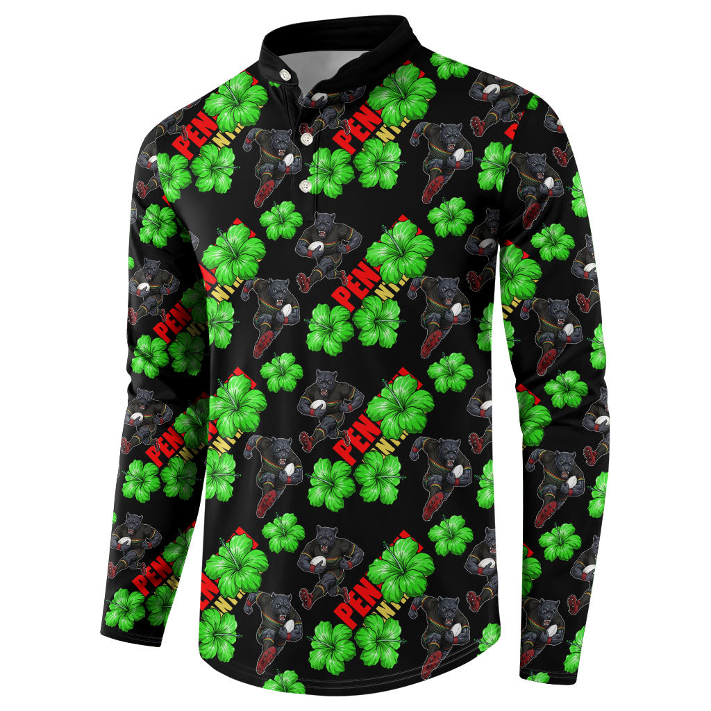Penrith Panthers Button Sweatshirt Tropical Hibiscus Floral Seamless Rugby Mascot
