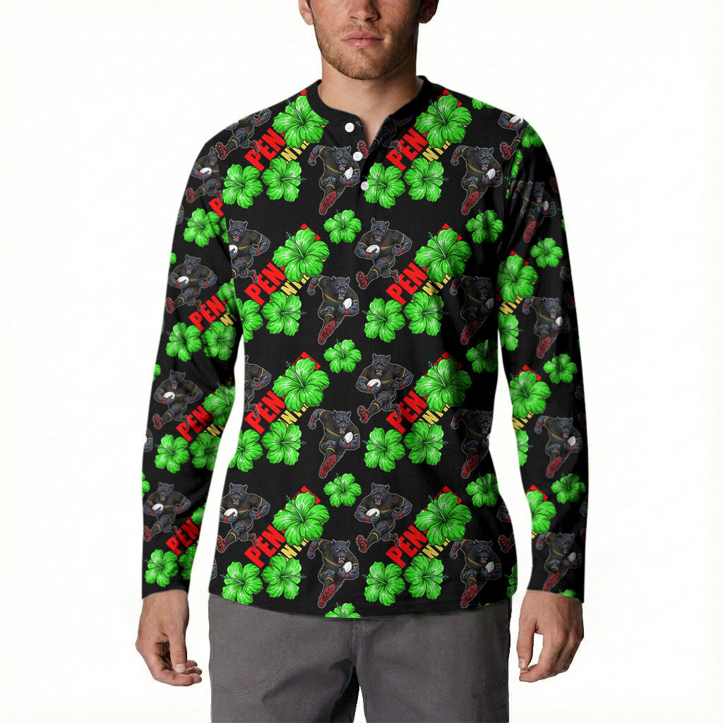 Penrith Panthers Button Sweatshirt Tropical Hibiscus Floral Seamless Rugby Mascot