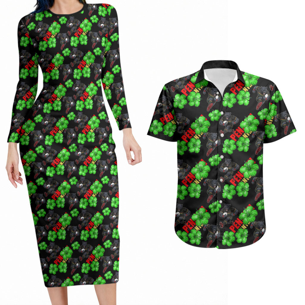 Penrith Panthers Couples Matching Long Sleeve Bodycon Dress and Hawaiian Shirt Tropical Hibiscus Floral Seamless Rugby Mascot