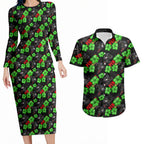 Penrith Panthers Couples Matching Long Sleeve Bodycon Dress and Hawaiian Shirt Tropical Hibiscus Floral Seamless Rugby Mascot