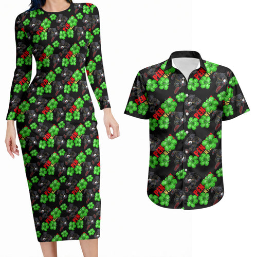 Penrith Panthers Couples Matching Long Sleeve Bodycon Dress and Hawaiian Shirt Tropical Hibiscus Floral Seamless Rugby Mascot