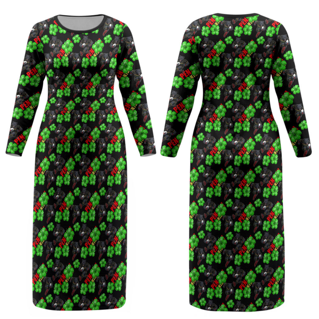 Penrith Panthers Couples Matching Long Sleeve Bodycon Dress and Hawaiian Shirt Tropical Hibiscus Floral Seamless Rugby Mascot