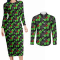 Penrith Panthers Couples Matching Long Sleeve Bodycon Dress and Long Sleeve Button Shirt Tropical Hibiscus Floral Seamless Rugby Mascot