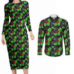 Penrith Panthers Couples Matching Long Sleeve Bodycon Dress and Long Sleeve Button Shirt Tropical Hibiscus Floral Seamless Rugby Mascot