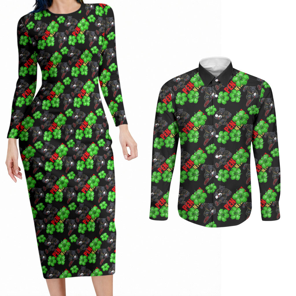 Penrith Panthers Couples Matching Long Sleeve Bodycon Dress and Long Sleeve Button Shirt Tropical Hibiscus Floral Seamless Rugby Mascot