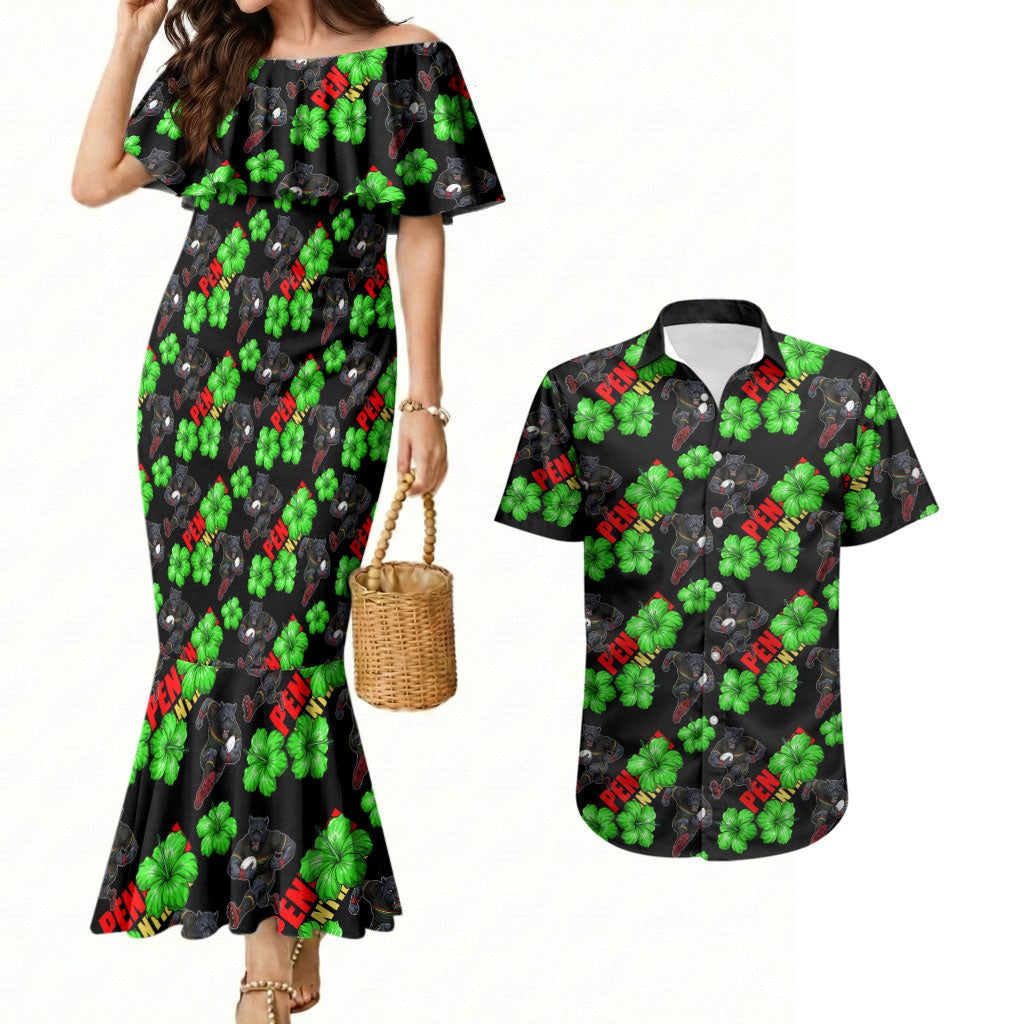 Penrith Panthers Couples Matching Mermaid Dress and Hawaiian Shirt Tropical Hibiscus Floral Seamless Rugby Mascot